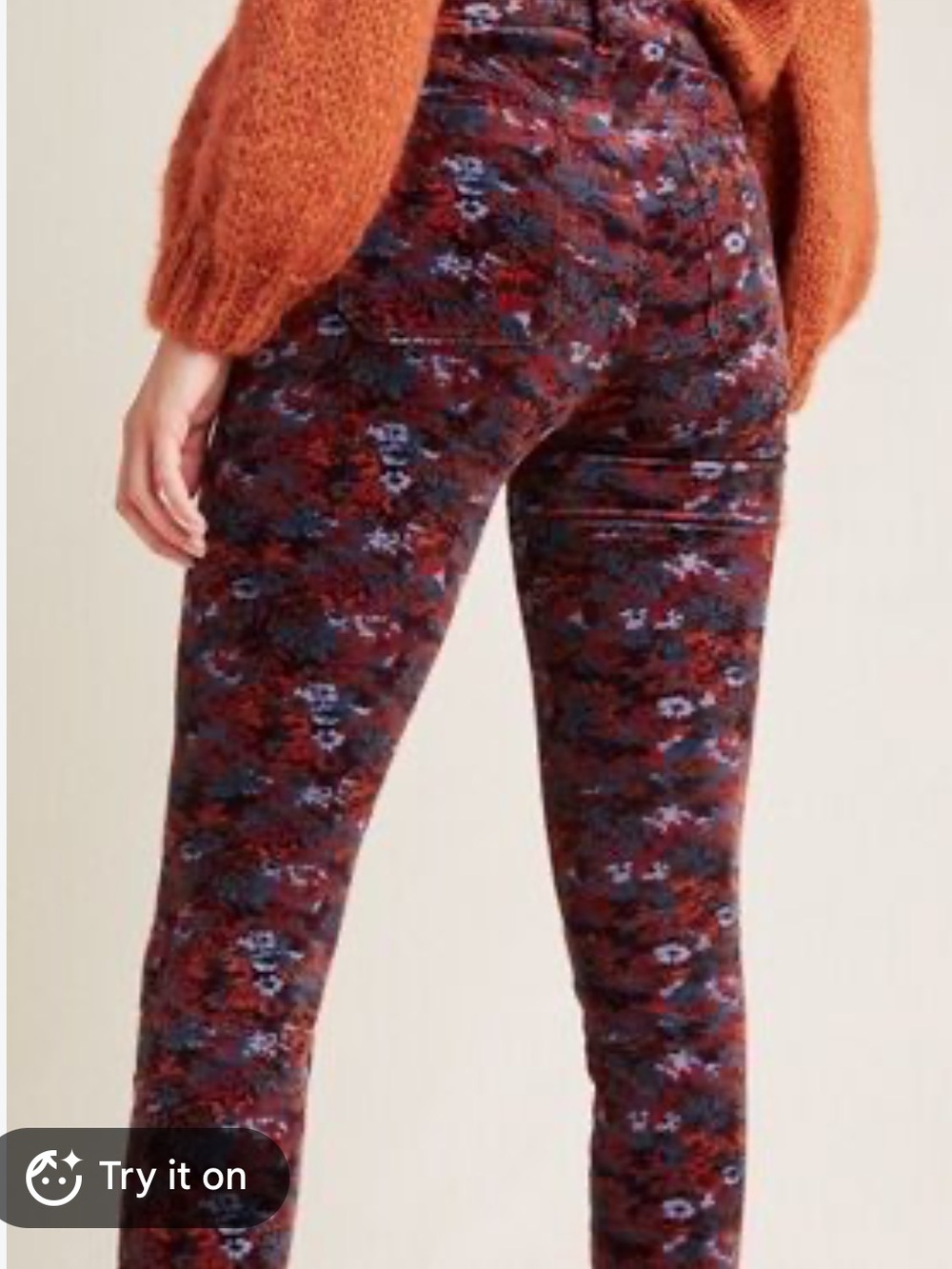 Pilcro Corduroy Floral-Print Stretch Pants in Burgundy, size 30